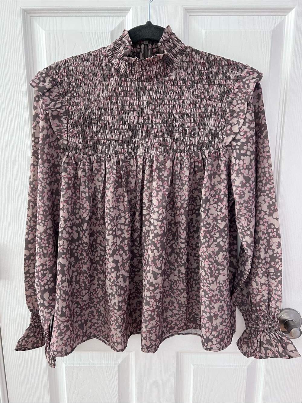 French Connection Pink and Gray Smocked High-Neck Blouse
